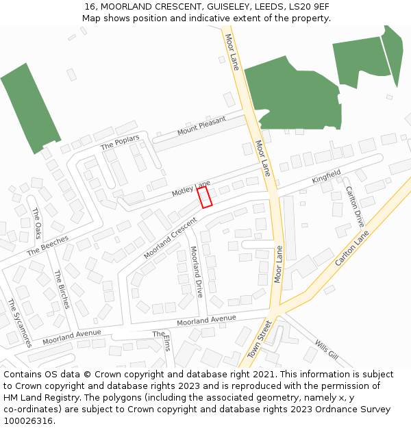 16, MOORLAND CRESCENT, GUISELEY, LEEDS, LS20 9EF: Location map and indicative extent of plot