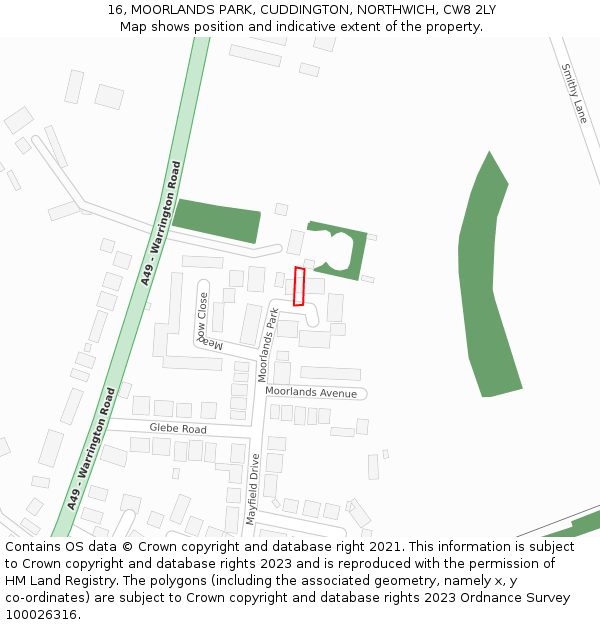 16, MOORLANDS PARK, CUDDINGTON, NORTHWICH, CW8 2LY: Location map and indicative extent of plot