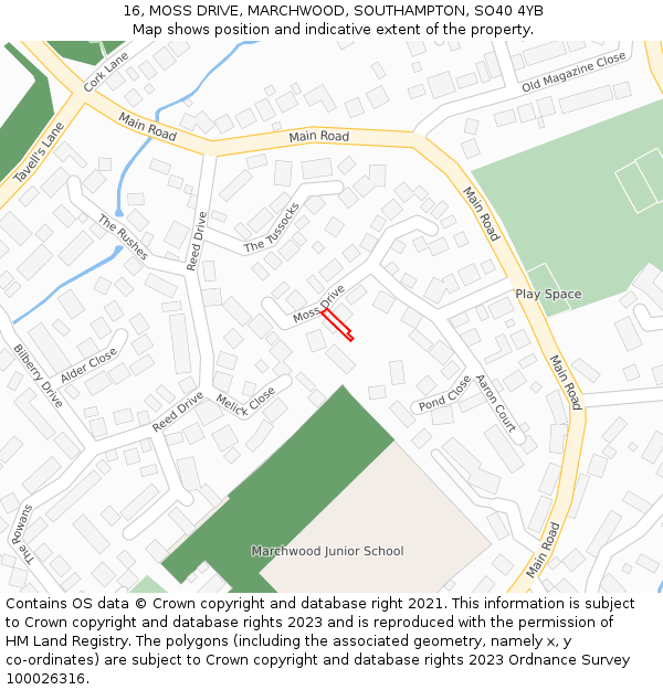 16, MOSS DRIVE, MARCHWOOD, SOUTHAMPTON, SO40 4YB: Location map and indicative extent of plot