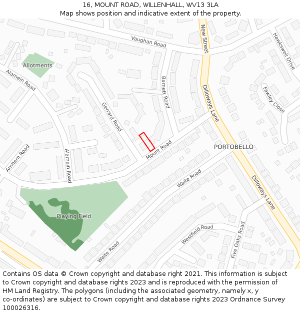 16, MOUNT ROAD, WILLENHALL, WV13 3LA: Location map and indicative extent of plot