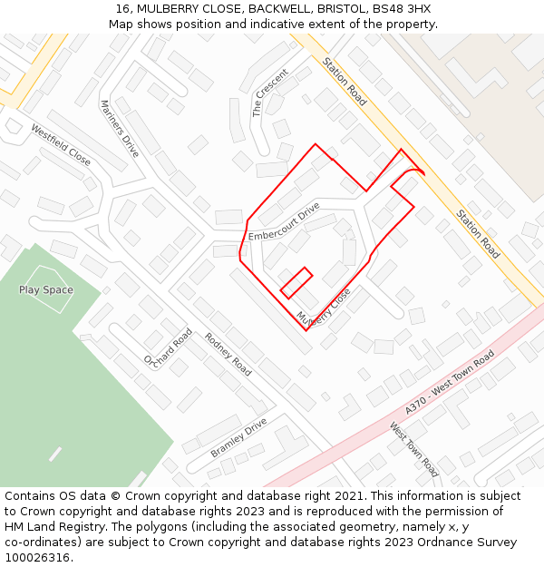 16, MULBERRY CLOSE, BACKWELL, BRISTOL, BS48 3HX: Location map and indicative extent of plot