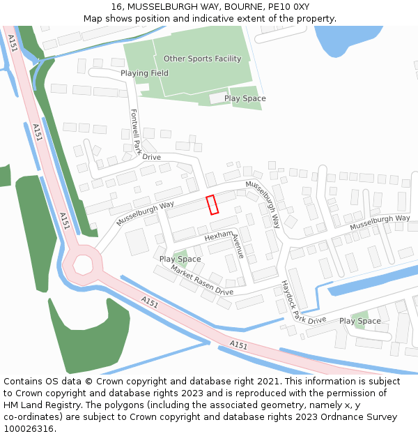 16, MUSSELBURGH WAY, BOURNE, PE10 0XY: Location map and indicative extent of plot