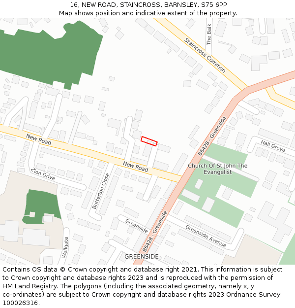 16, NEW ROAD, STAINCROSS, BARNSLEY, S75 6PP: Location map and indicative extent of plot