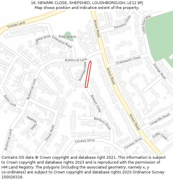 16, NEWARK CLOSE, SHEPSHED, LOUGHBOROUGH, LE12 9PJ: Location map and indicative extent of plot