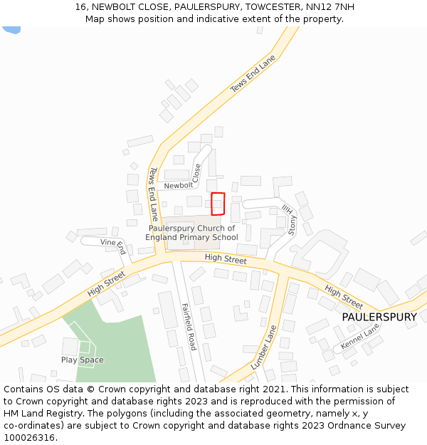 16, NEWBOLT CLOSE, PAULERSPURY, TOWCESTER, NN12 7NH: Location map and indicative extent of plot
