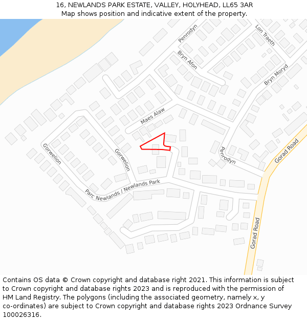 16, NEWLANDS PARK ESTATE, VALLEY, HOLYHEAD, LL65 3AR: Location map and indicative extent of plot