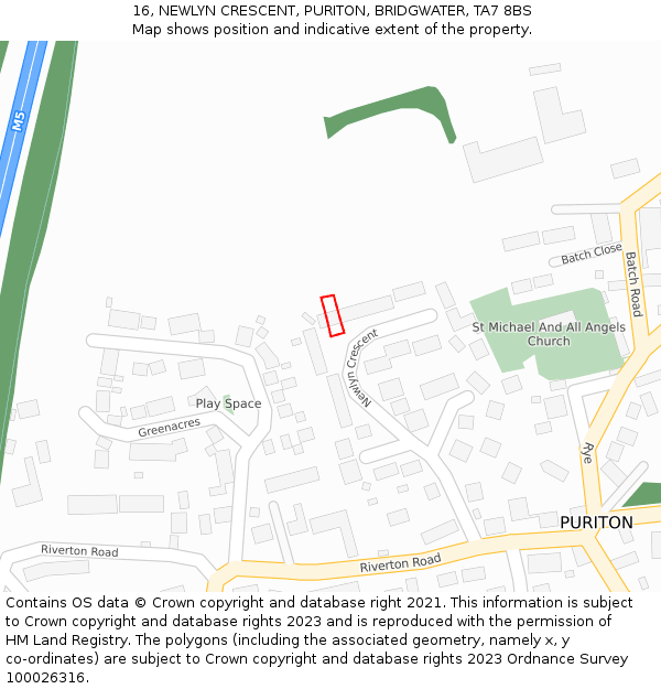 16, NEWLYN CRESCENT, PURITON, BRIDGWATER, TA7 8BS: Location map and indicative extent of plot