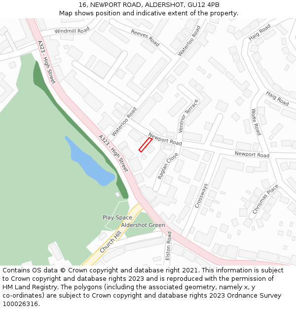 16, NEWPORT ROAD, ALDERSHOT, GU12 4PB: Location map and indicative extent of plot