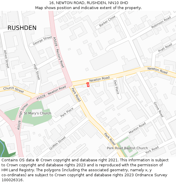 16, NEWTON ROAD, RUSHDEN, NN10 0HD: Location map and indicative extent of plot