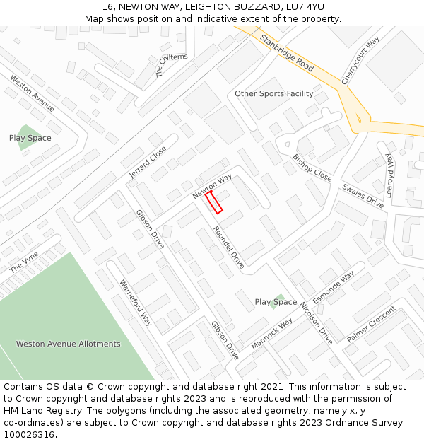 16, NEWTON WAY, LEIGHTON BUZZARD, LU7 4YU: Location map and indicative extent of plot