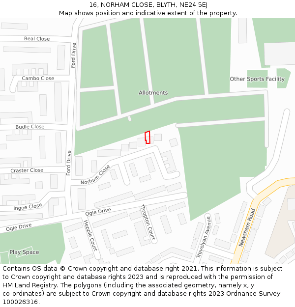 16, NORHAM CLOSE, BLYTH, NE24 5EJ: Location map and indicative extent of plot