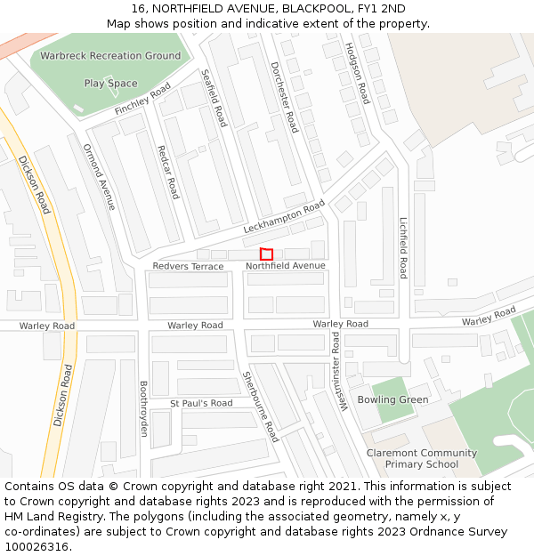 16, NORTHFIELD AVENUE, BLACKPOOL, FY1 2ND: Location map and indicative extent of plot