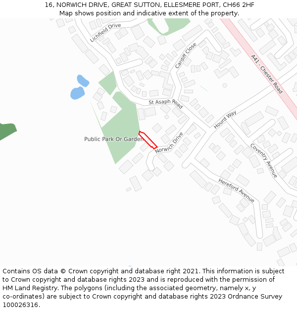16, NORWICH DRIVE, GREAT SUTTON, ELLESMERE PORT, CH66 2HF: Location map and indicative extent of plot