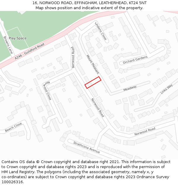16, NORWOOD ROAD, EFFINGHAM, LEATHERHEAD, KT24 5NT: Location map and indicative extent of plot