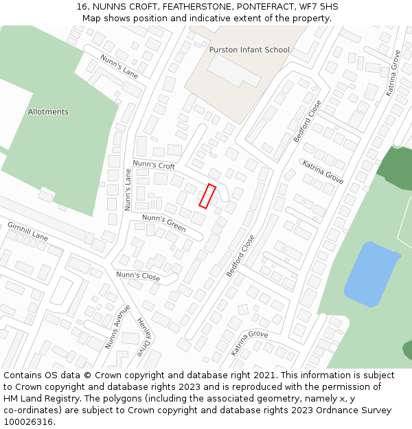 16, NUNNS CROFT, FEATHERSTONE, PONTEFRACT, WF7 5HS: Location map and indicative extent of plot