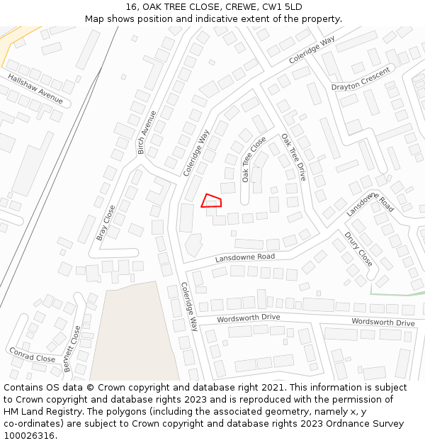 16, OAK TREE CLOSE, CREWE, CW1 5LD: Location map and indicative extent of plot