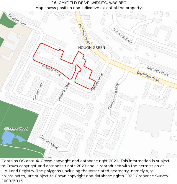 16, OAKFIELD DRIVE, WIDNES, WA8 8RG: Location map and indicative extent of plot