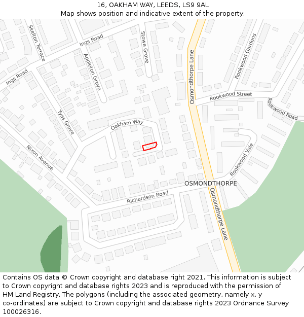 16, OAKHAM WAY, LEEDS, LS9 9AL: Location map and indicative extent of plot