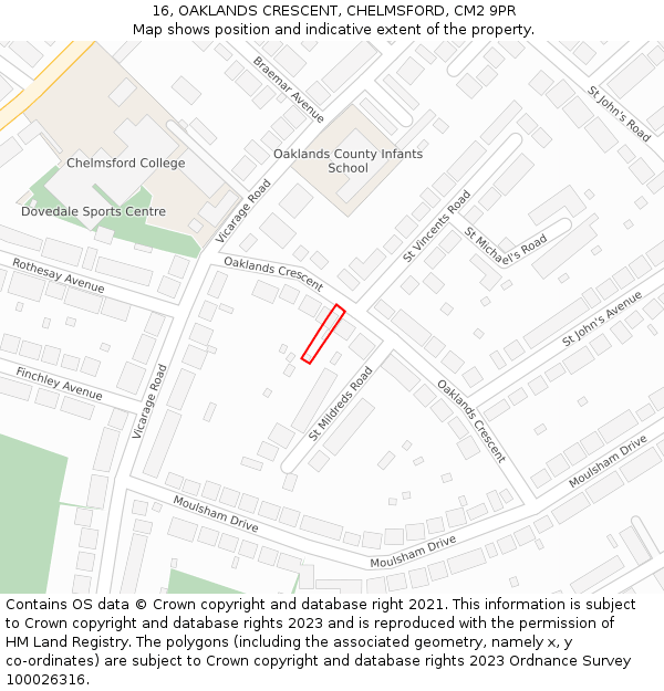 16, OAKLANDS CRESCENT, CHELMSFORD, CM2 9PR: Location map and indicative extent of plot