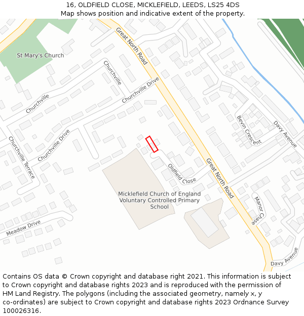 16, OLDFIELD CLOSE, MICKLEFIELD, LEEDS, LS25 4DS: Location map and indicative extent of plot