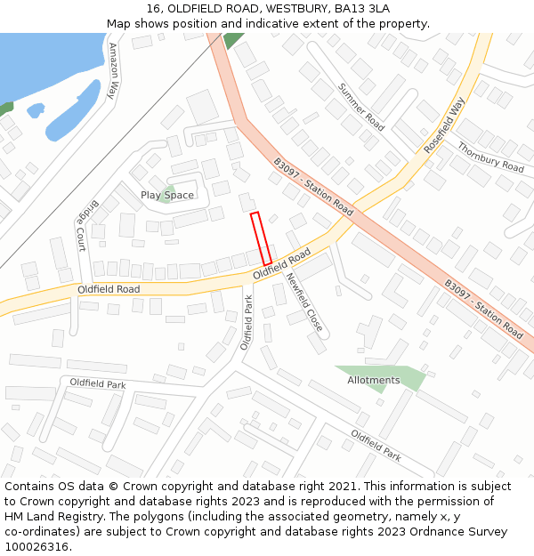 16, OLDFIELD ROAD, WESTBURY, BA13 3LA: Location map and indicative extent of plot