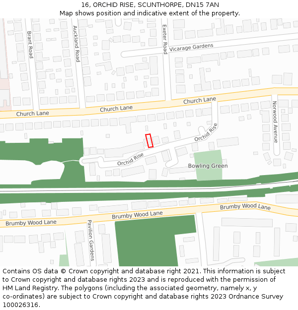 16, ORCHID RISE, SCUNTHORPE, DN15 7AN: Location map and indicative extent of plot