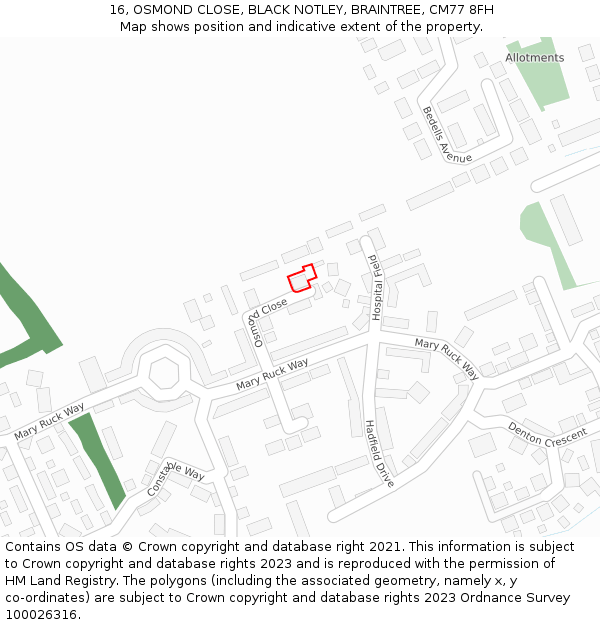 16, OSMOND CLOSE, BLACK NOTLEY, BRAINTREE, CM77 8FH: Location map and indicative extent of plot