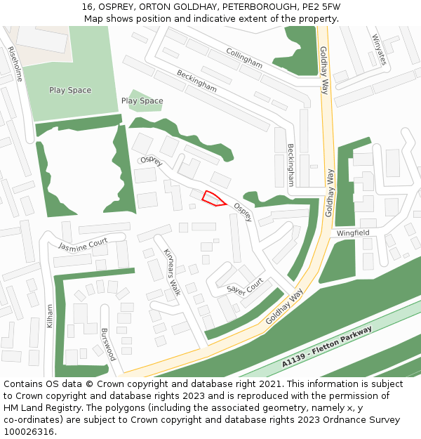 16, OSPREY, ORTON GOLDHAY, PETERBOROUGH, PE2 5FW: Location map and indicative extent of plot