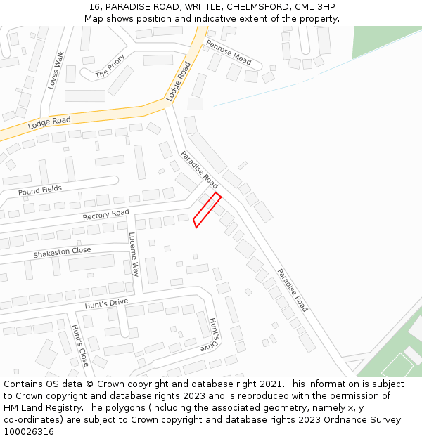 16, PARADISE ROAD, WRITTLE, CHELMSFORD, CM1 3HP: Location map and indicative extent of plot