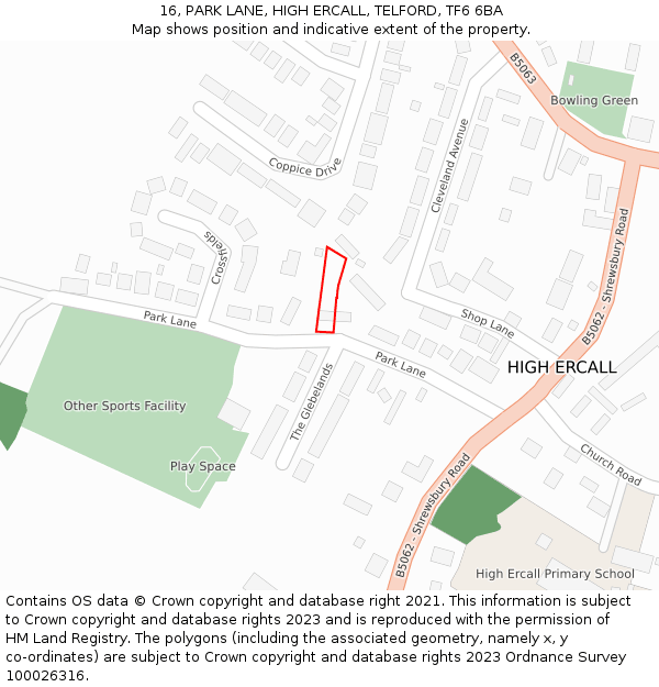 16, PARK LANE, HIGH ERCALL, TELFORD, TF6 6BA: Location map and indicative extent of plot