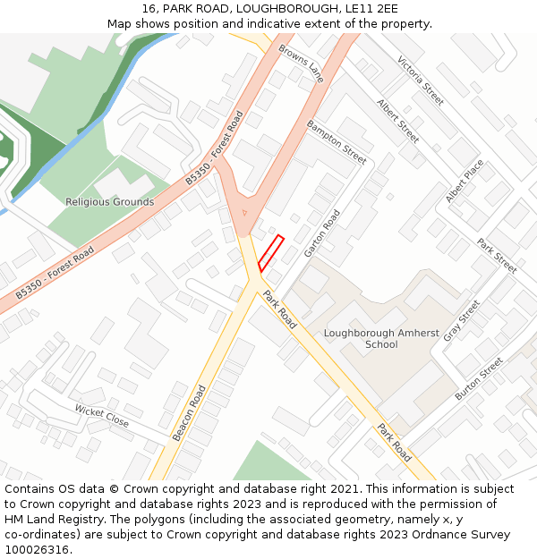 16, PARK ROAD, LOUGHBOROUGH, LE11 2EE: Location map and indicative extent of plot
