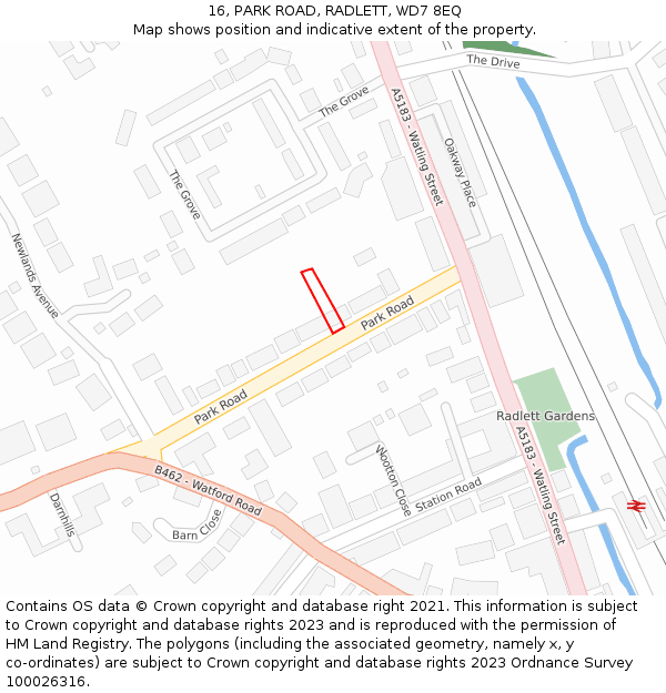 16, PARK ROAD, RADLETT, WD7 8EQ: Location map and indicative extent of plot