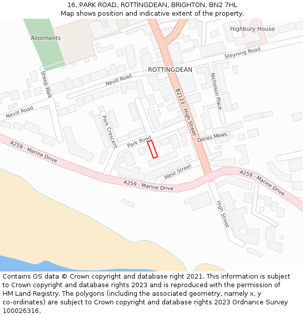 16, PARK ROAD, ROTTINGDEAN, BRIGHTON, BN2 7HL: Location map and indicative extent of plot