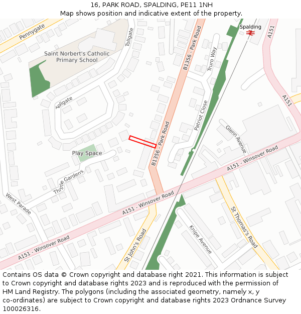 16, PARK ROAD, SPALDING, PE11 1NH: Location map and indicative extent of plot