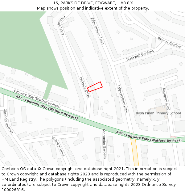 16, PARKSIDE DRIVE, EDGWARE, HA8 8JX: Location map and indicative extent of plot