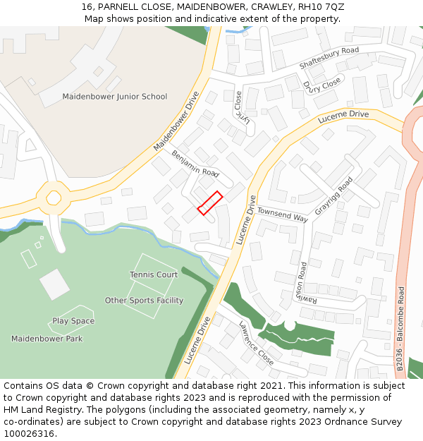 16, PARNELL CLOSE, MAIDENBOWER, CRAWLEY, RH10 7QZ: Location map and indicative extent of plot