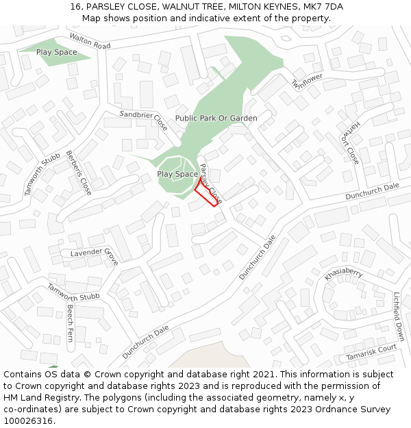 16, PARSLEY CLOSE, WALNUT TREE, MILTON KEYNES, MK7 7DA: Location map and indicative extent of plot