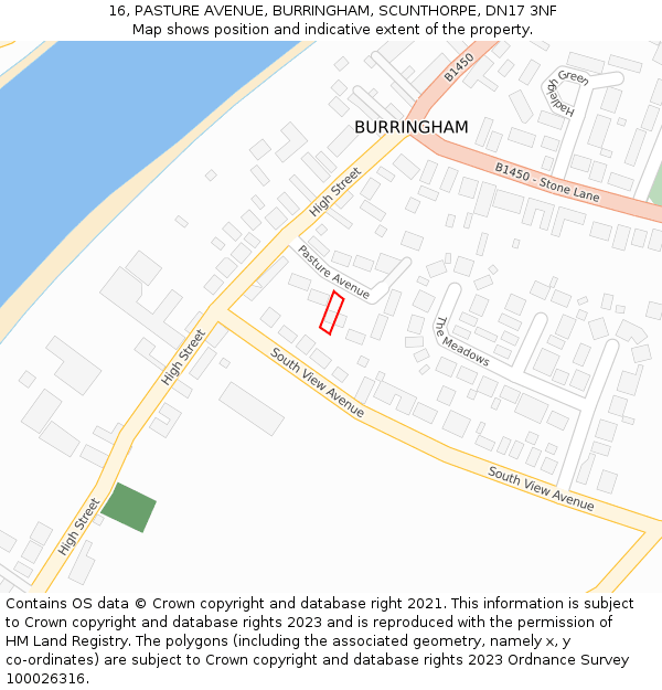 16, PASTURE AVENUE, BURRINGHAM, SCUNTHORPE, DN17 3NF: Location map and indicative extent of plot