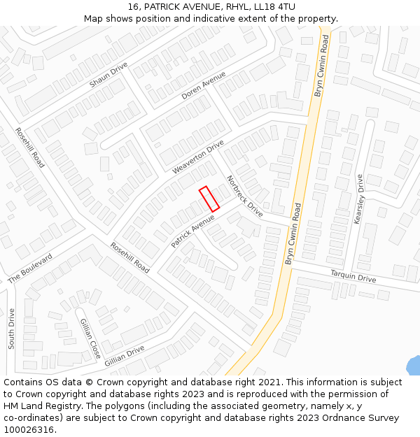 16, PATRICK AVENUE, RHYL, LL18 4TU: Location map and indicative extent of plot