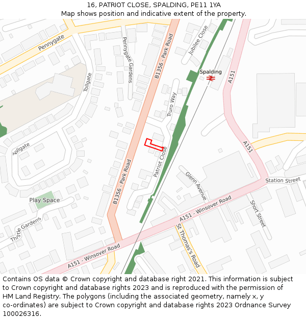 16, PATRIOT CLOSE, SPALDING, PE11 1YA: Location map and indicative extent of plot