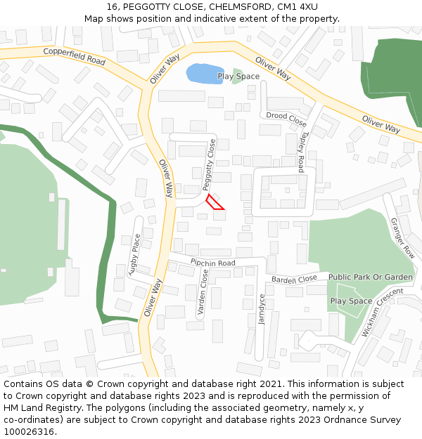 16, PEGGOTTY CLOSE, CHELMSFORD, CM1 4XU: Location map and indicative extent of plot