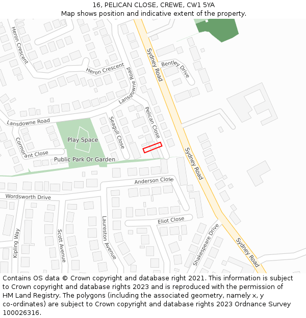 16, PELICAN CLOSE, CREWE, CW1 5YA: Location map and indicative extent of plot