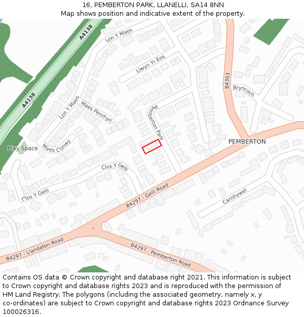 16, PEMBERTON PARK, LLANELLI, SA14 8NN: Location map and indicative extent of plot