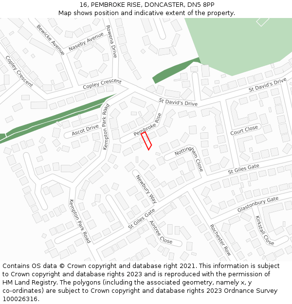 16, PEMBROKE RISE, DONCASTER, DN5 8PP: Location map and indicative extent of plot