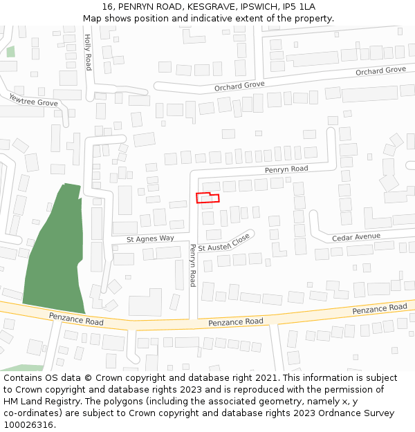 16, PENRYN ROAD, KESGRAVE, IPSWICH, IP5 1LA: Location map and indicative extent of plot