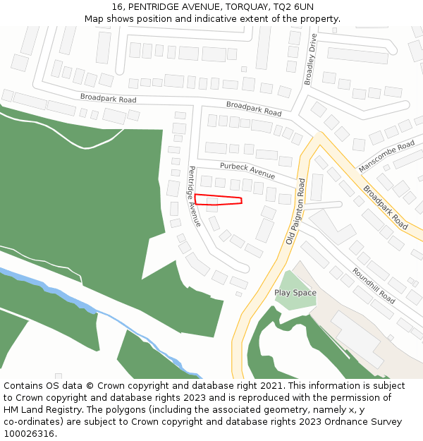 16, PENTRIDGE AVENUE, TORQUAY, TQ2 6UN: Location map and indicative extent of plot