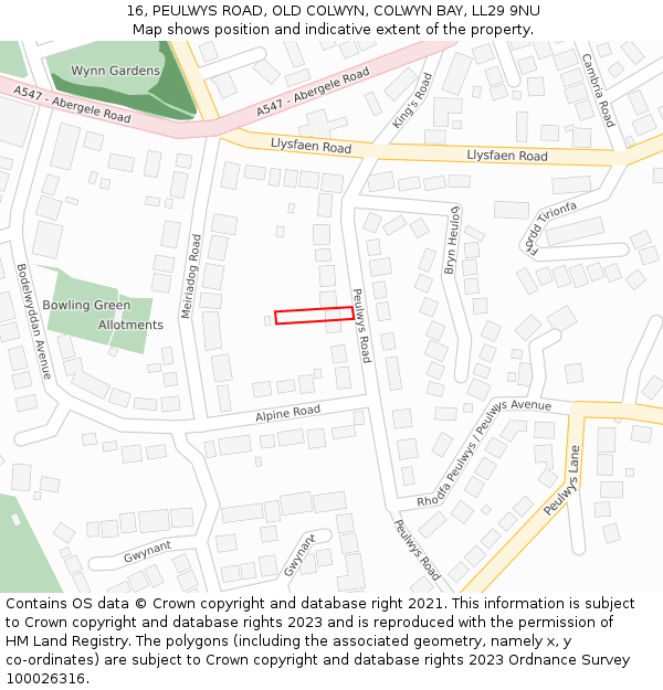 16, PEULWYS ROAD, OLD COLWYN, COLWYN BAY, LL29 9NU: Location map and indicative extent of plot