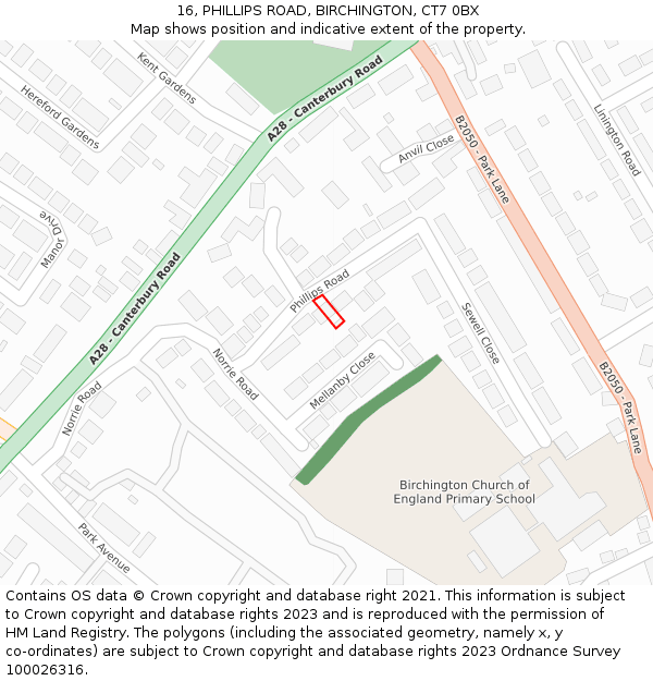 16, PHILLIPS ROAD, BIRCHINGTON, CT7 0BX: Location map and indicative extent of plot