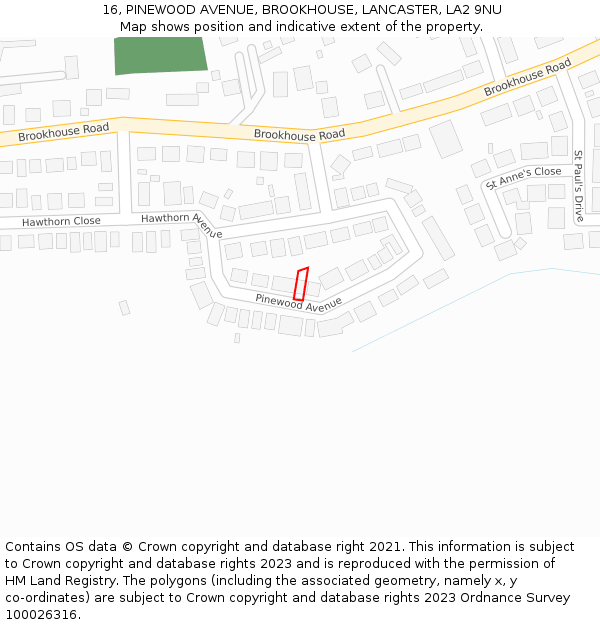 16, PINEWOOD AVENUE, BROOKHOUSE, LANCASTER, LA2 9NU: Location map and indicative extent of plot