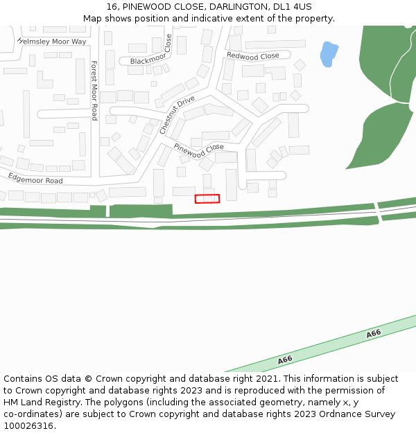 16, PINEWOOD CLOSE, DARLINGTON, DL1 4US: Location map and indicative extent of plot